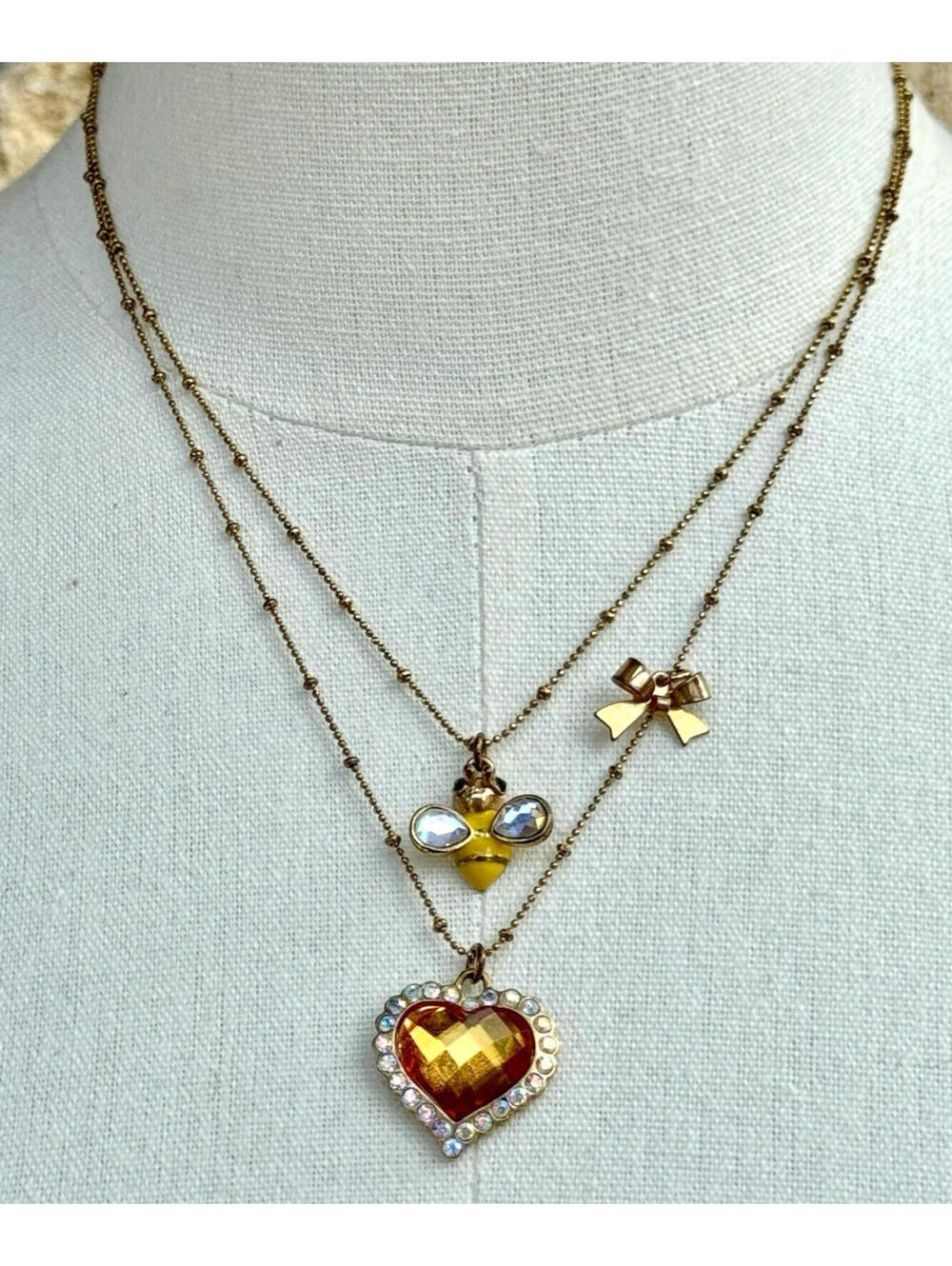 Betsey Johnson 2-Strand Necklace Bumble Bee & Amber Crystal Heart Bow Gold Tone